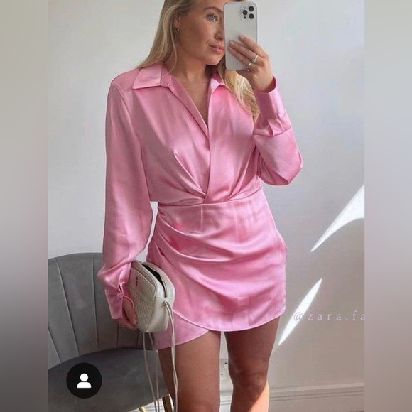 Zara Dresses & Skirts - Zara mini dress satin effect drapped long sleeve pink party wedding coctail
